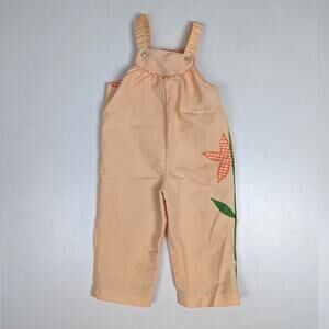 Vtg Fawn Togs Overalls Baby Girls Sz 18m Orange Flower Applique 70s